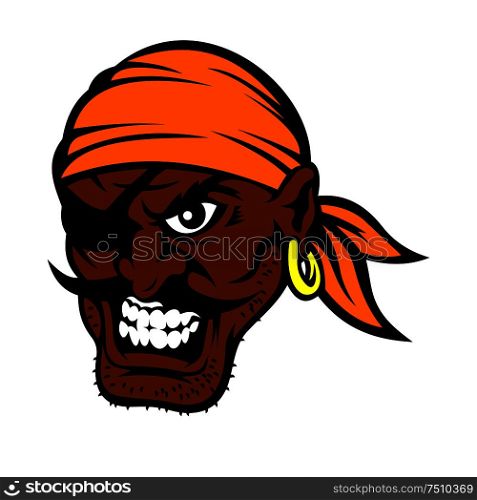 Furious cartoon black moustached pirate character with eye patch, orange bandanna and gold earring, baring teeth in evil smile