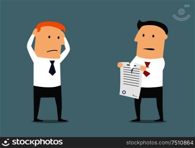 Furious cartoon businessman tearing up a contract in front of dumbfounded manager. Termination of contract or business partnership concept usage. Termination of business contract or partnership