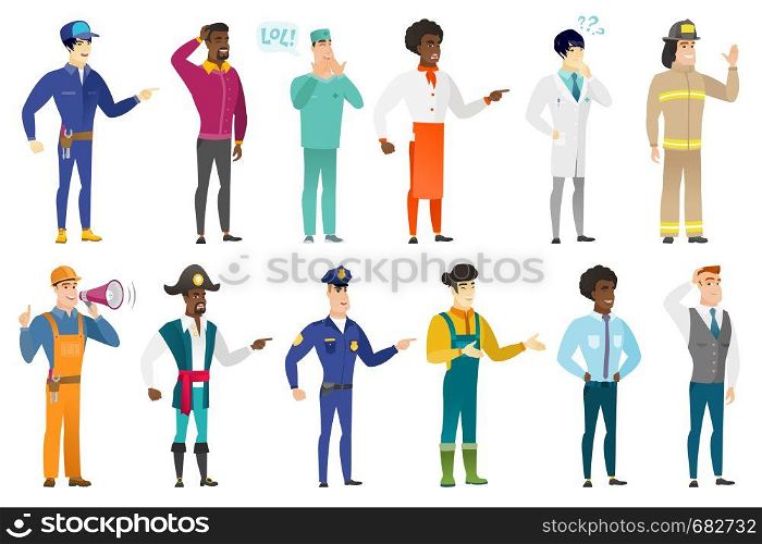 Furious chef screaming and pointing his finger to the right. Full length of aggressive chef screaming and shaking his finger. Set of vector flat design illustrations isolated on white background.. Vector set of professions characters.