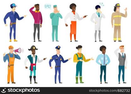 Furious chef screaming and pointing his finger to the right. Full length of aggressive chef screaming and shaking his finger. Set of vector flat design illustrations isolated on white background.. Vector set of professions characters.