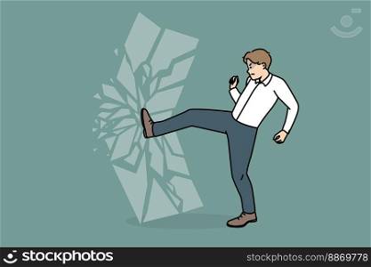 Furious decisive businessman break wall shatter imaginary barrier. Motivated angry male employee crash glass door or shutter demolish obstacle. Business motivation. Vector illustration. . Motivated businessman break wall barrier 