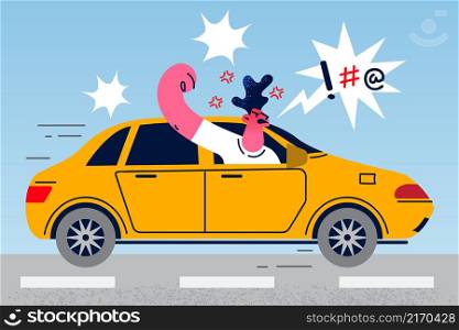 Furious driver look out of car honk scream yell for rules violation. Angry man driving automobile shout at people on road. Aggression control. Flat vector illustration, cartoon character. . Angry male driver scream looking out of car