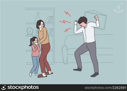 Furious father cream yell at wife and child at home. Scared terrified woman and kid frightened by angry dad shouting. Domestic violence and family problems. Flat vector illustration.. Furious man scream at wife and small child