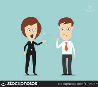 Furious female boss yelling at useless employee for business concept design. Cartoon flat style. Female boss yelling at employee