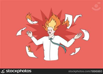 Furious mad man feel distressed anxious with work deadline. Angry male worried with burning deadlines at school university, surrounded by papers documents, flat vector cartoon illustration.. Furious man get angry distressed with work deadline