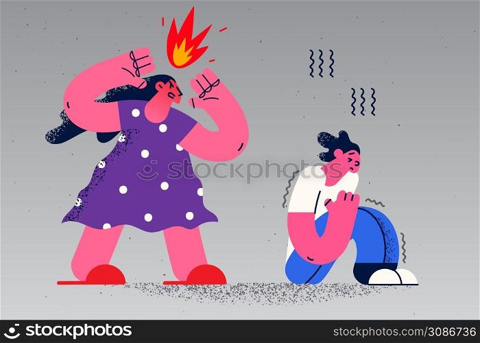 Furious mother scream and yell at scared small son feeling stressed and anxious. Authoritative mad mom shout at little boy child. Domestic violence and psychological abuse. Vector illustration. . Mad mother scream at scared small child