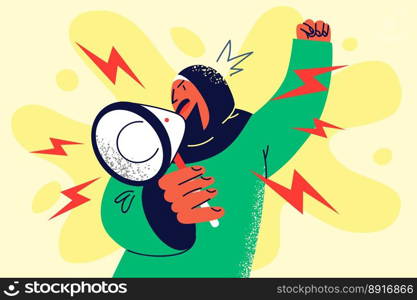 Furious woman in hijab scream in megaphone. Mad Arabic female activist or volunteer hold loudspeaker make announcement on protest or demonstration. Vector illustration. . Mad woman in hijab shout in megaphone 