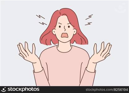 Furious woman screaming due to uncontrollable aggression and panic attack caused by psychological illness. Girl screaming loudly and waving hands during quarrel based on gender discrimination. Furious woman screaming due to uncontrollable aggression and panic attack caused 