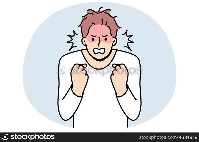 Furious young man clench fists struggle with madness or panic. Angry male feeling emotional and enraged. Rage and emotion control. Vector illustration.. Furious man feeling emotional