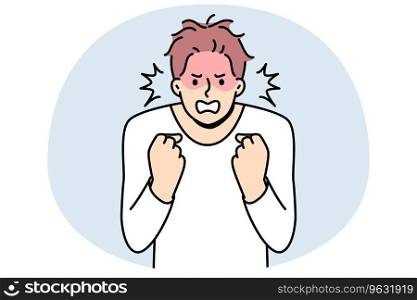 Furious young man clench fists struggle with madness or panic. Angry male feeling emotional and enraged. Rage and emotion control. Vector illustration.. Furious man feeling emotional