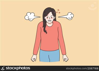 Furious young woman with steam blow from ears feel angry mad having life problems. Unhappy girl distressed and enraged. Emotion and anger control. Flat vector illustration. . Furious woman with steam blowing from ears