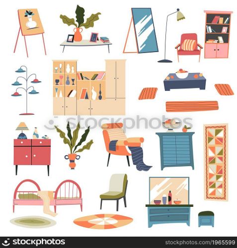 Furniture and decor for interior design at home. Isolated mirror and lamp, wardrobe and shelves for books, bed and houseplant, armchair and rug. Store or shop for designers. Vector in flat style. Interior design elements, furniture and decor