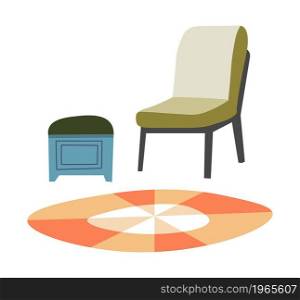 Furniture and decoration for home or office, isolated drawers and armchair with soft fabric and wooden base. Carpet with geometric print, furnishing and decorative elements. Vector in flat style. Armchair with drawers and rug, furniture for home