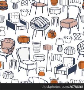 Furniture and lamp for the home. Vector seamless pattern. Furniture, lamps and plants for the home.