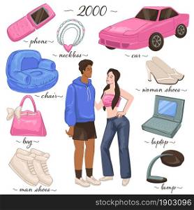 Furniture and things of personal use, 2000s style and fashion. Man and woman wearing jeans and sweatshirt. Pink cellphone and laptop, shoes and chair, car and lamp design. Vector in flat style. People outfit and clothes, objects from 2000s