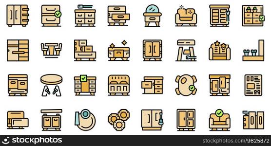 Furniture assembly icons set outline vector. Bed production. Manual screw thin line color flat on white. Furniture assembly icons set vector flat