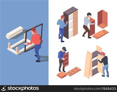 Furniture assembly. People crafting wooden furnitures with instructions garish vector isometric characters workers. Illustration assembly furniture, making interior by handyman. Furniture assembly. People crafting wooden furnitures with instructions garish vector isometric characters workers