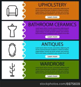 Furniture banner templates set. Armchair, washstand, wall mirror, coat hanger. Website menu items with linear icons. Color web banner. Vector headers design concepts. Furniture banner templates set