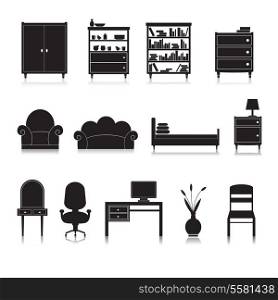 Furniture black decorative icons set of wardrobe bookshelf computer table isolated vector illustration
