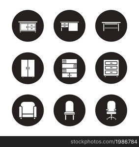 Furniture black icons set. Modern living room interior decoration items. White silhouettes illustrations on black circles. Office and living-room objects. Vector infographics elements. Furniture black icons set