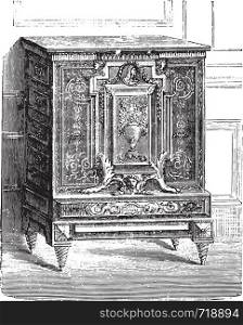 Furniture breast high inlaid ebony, Charles Boulle Louvre, vintage engraved illustration. Industrial encyclopedia E.-O. Lami - 1875.