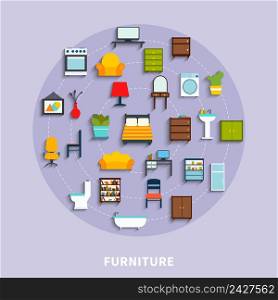 Furniture concept with sofa mirror bath and sink flat vector illustration. Furniture Concept Illustration