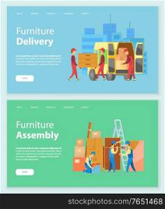 Furniture delivery and assembly vector, transportation with drawers and wooden items bought from store. Workers packaging objects in lorry. Website or webpage template, landing page flat style. Furniture Delivery and Assembly Workers Website