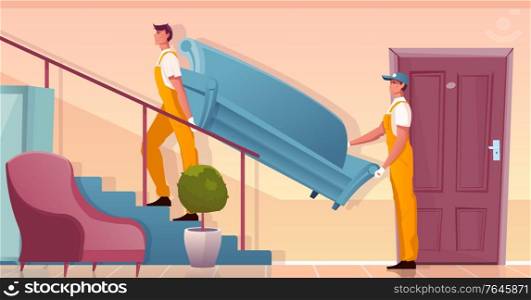 Furniture delivery background with two movers carrying blue sofa upstairs flat vector illustration