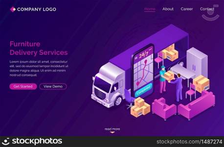 Furniture delivery services banner. 24 7 online mobile order shipping furniture or relocation. Vector isometric truck, sofa, boxes, porter and smartphone with application for tracking with map. Furniture delivery online services banner