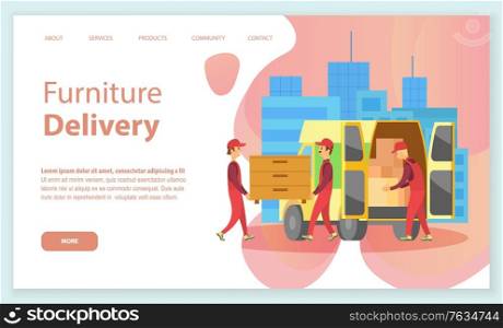Furniture delivery vector, people carrying chest of drawers and bought wooden products in lorry, . Transportation and shipping of goods in car. Website or webpage template, landing page flat style. Furniture Delivery People with Drawers in Van