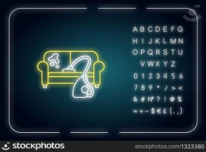Furniture dry cleaning neon light icon. Sofa washing, laundry, furnishing delicate cleaning. Outer glowing effect. Sign with alphabet, numbers and symbols. Vector isolated RGB color illustration