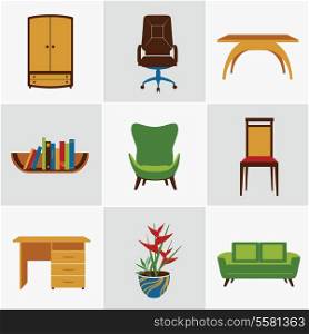 Furniture flat decorative icons set of chair bookshelf table isolated vector illustration