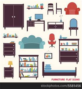 Furniture flat decorative icons set of cupboard armchair closet isolated vector illustration