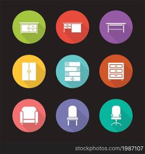 Furniture flat design icons set. Modern living room interior decoration elements. Office computer chair and desk long shadow symbols. Home bookcase and cabinet emblems. Vector infographics elements. Furniture flat design icons set