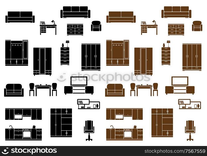 Furniture flat icons set isolated on background for home, office and kitchen interiors
