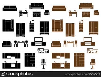 Furniture flat icons set isolated on background for home, office and kitchen interiors