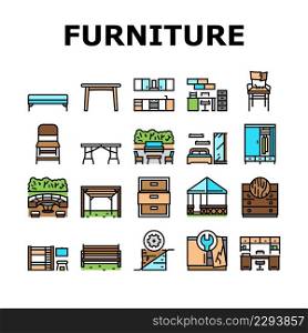 Furniture For Home And Backyard Icons Set Vector. Dinning And Folding Table, Kitchen And Bedroom Furniture, Wardrobe And Cabinet, Repair Old Broken Chair And Bench Line. Color Illustrations. Furniture For Home And Backyard Icons Set Vector