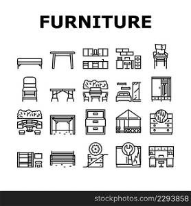 Furniture For Home And Backyard Icons Set Vector. Dinning And Folding Table, Kitchen And Bedroom Furniture, Wardrobe And Cabinet, Repair Old Broken Chair And Bench Line. Black Contour Illustrations. Furniture For Home And Backyard Icons Set Vector