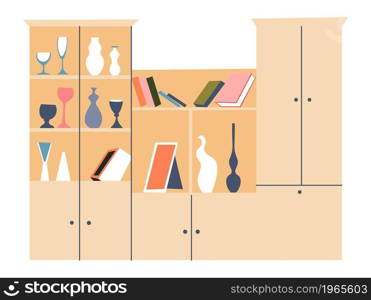 Furniture for interior design, isolated wardrobe with shelves and decoration. Drawers with vases and cups, decorative elements and modern contemporary art. Cabinet at house. Vector in flat style. Wardrobe with shelves, furniture for home office