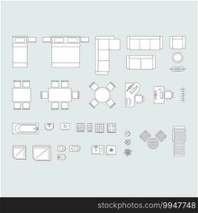 Furniture for living room, kitchen, bedroom and bathroom. Furniture icons set for apartment plan. Top view. 