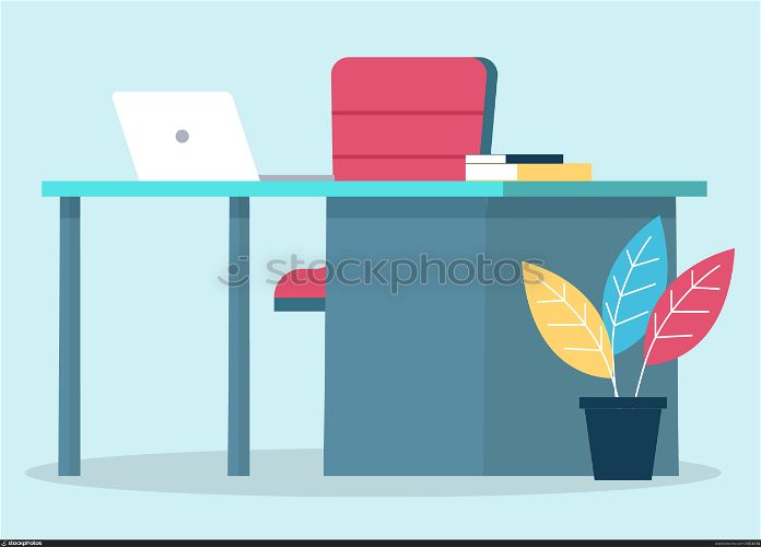 Furniture for office room, chair and table. Electronic device, computer for work and study on desk. Modern design of workspace with houseplant and books. Vector illustration of workplace in flat style. Comfort and Modern Workplace with Laptop at Office