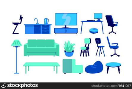 Furniture for smart home flat color vector objects set. Devices for wireless connection. Furnished interior isolated cartoon illustration for web graphic design and animation collection. Furniture for smart home flat color vector objects set