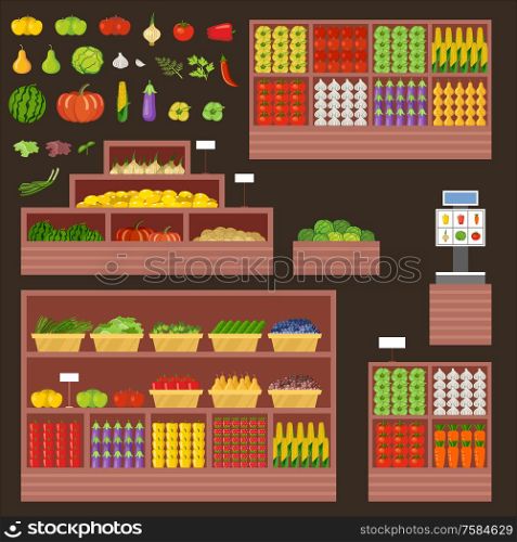 Furniture for vegetable and fruit shop. Counter, show-window. Vector illustration