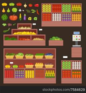 Furniture for vegetable and fruit shop. Counter, show-window. Vector illustration