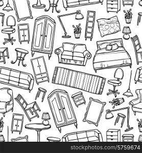 Furniture hand drawn seamless pattern with modern and classic home accessories vector illustration. Furniture Seamless Pattern