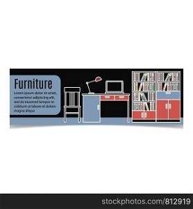 Furniture horizontal banner with table and bookshelf. Vector illustration. Furniture horizontal banner with table
