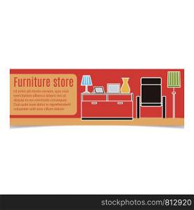 Furniture horizontal banner with white contour and pink background. Vector illustration. Furniture horizontal banner