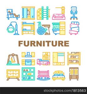 Furniture House Room Interior Icons Set Vector. Vintage And Modern Furniture, For Sport Exercising And Relaxation, Bedroom Bed And Office Chair, Warehouse Shelves And Medical Line. Color Illustrations. Furniture House Room Interior Icons Set Vector