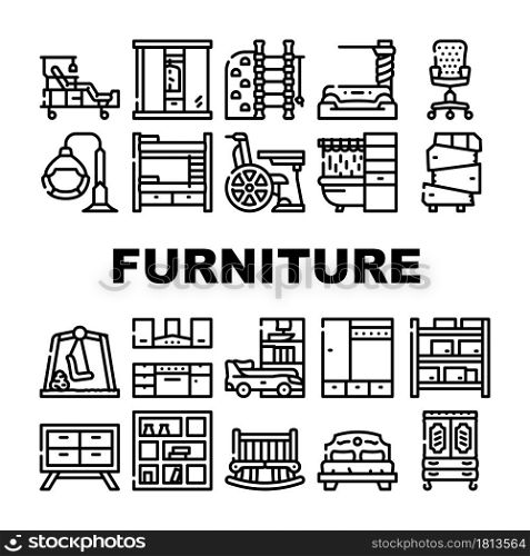 Furniture House Room Interior Icons Set Vector. Vintage And Modern Furniture, For Sport Exercising And Relaxation, Bedroom Bed And Office Chair, Warehouse Shelves And Medical Contour Illustrations. Furniture House Room Interior Icons Set Vector