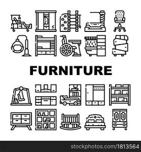 Furniture House Room Interior Icons Set Vector. Vintage And Modern Furniture, For Sport Exercising And Relaxation, Bedroom Bed And Office Chair, Warehouse Shelves And Medical Contour Illustrations. Furniture House Room Interior Icons Set Vector